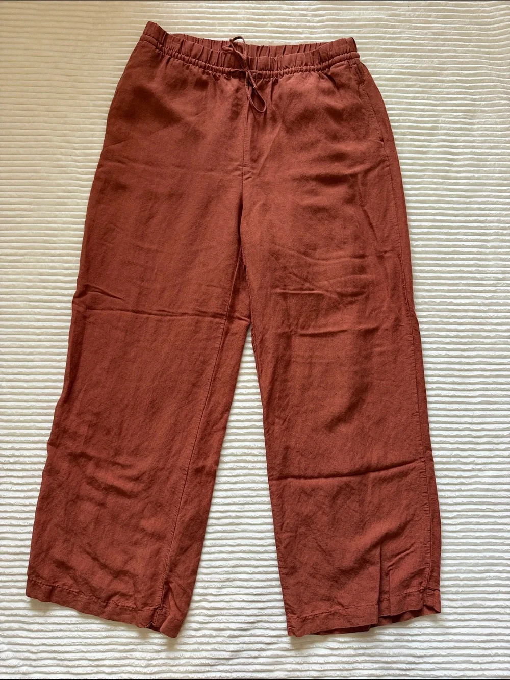 H&M Linen Blend Wide Leg Pants Pockets Drawstring Elastic Airy Flowy Rust M